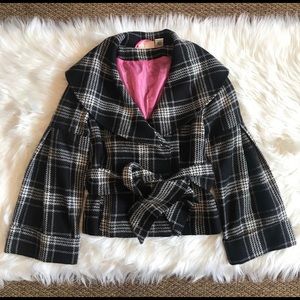 DKNY Plaid Black & White Pea Coat Jacket S
